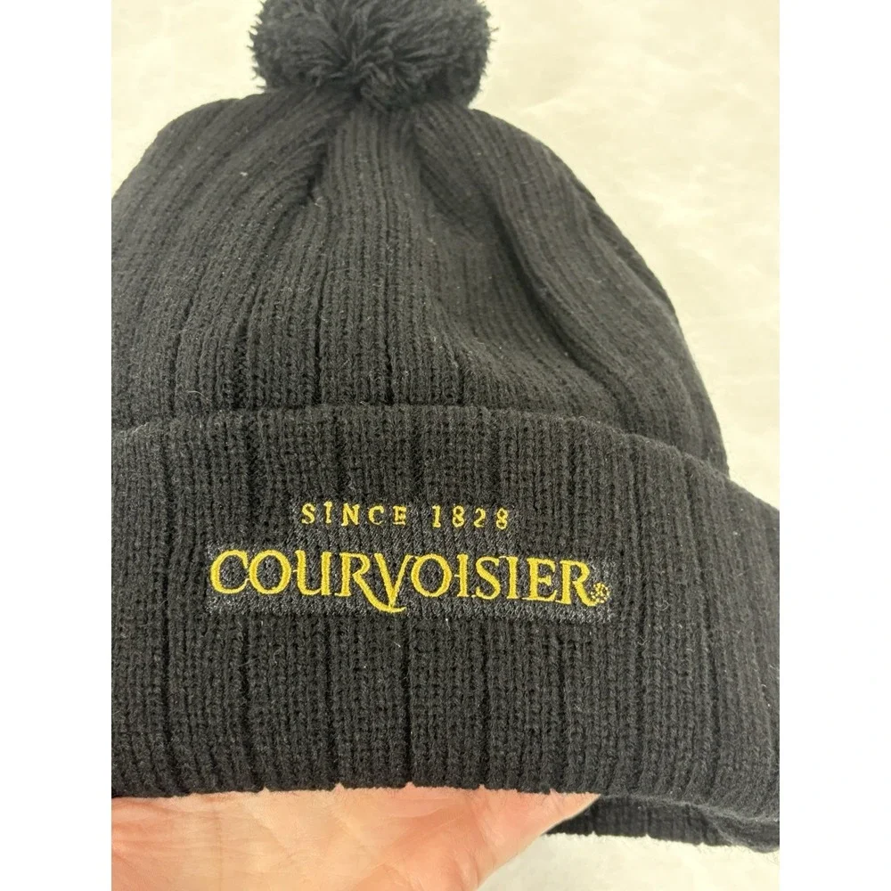 Courvoisier Black Knit Beanie Hat With Pom Since 1828 Logo Acrylic Cuffed Winter